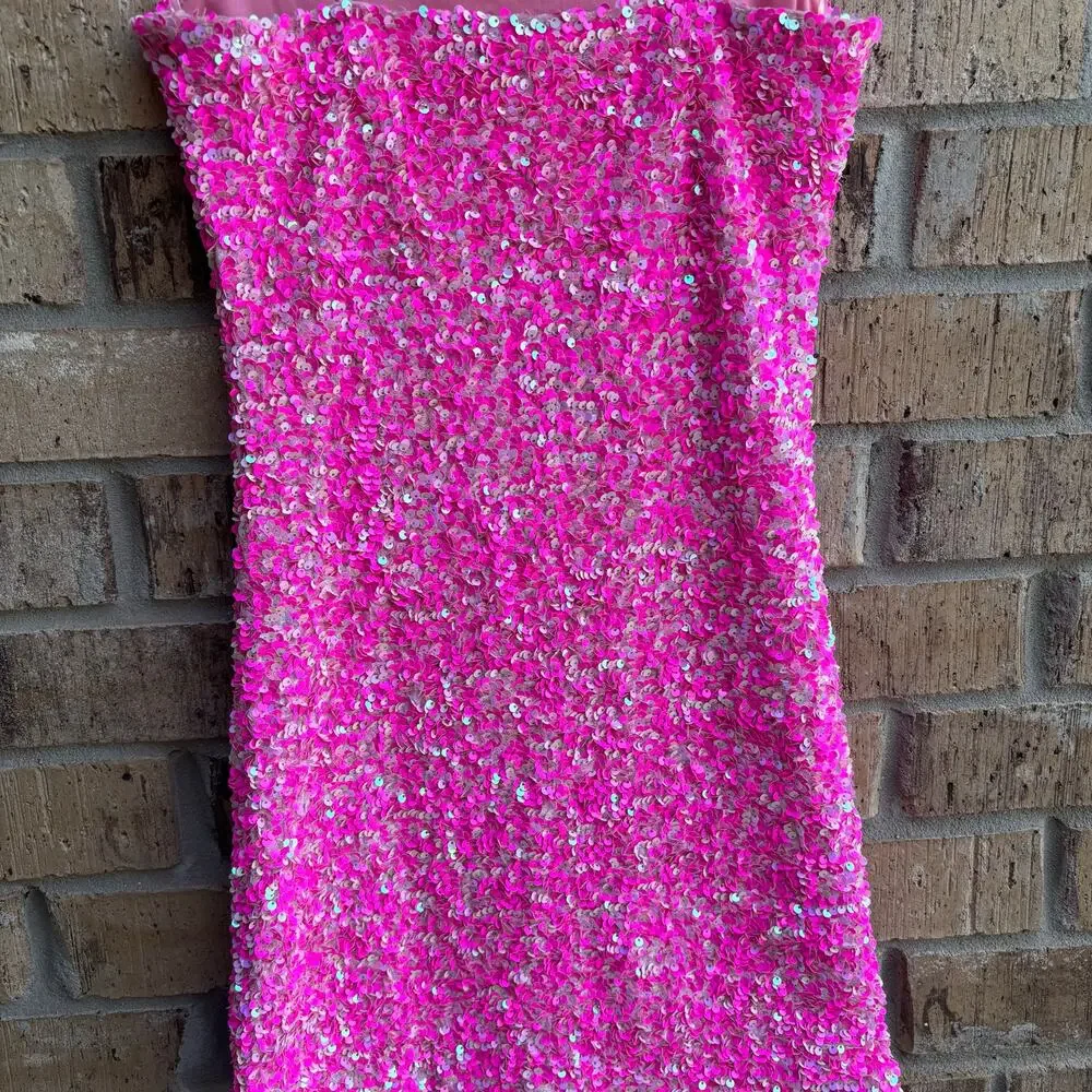 Allison & Kelly Hot Pink Sequin Mini Dress Bodycon Spaghetti Strap Party Small - Picture 5 of 12